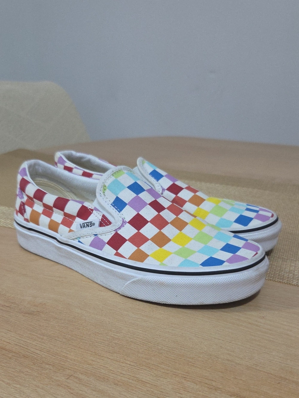Vans Womens Slip-On Rainbow Checkerboard Sneakers.